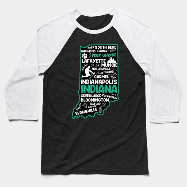 Fort Wayne Indiana cute map Indianapolis, Evansville, Carmel, South Bend, Fishers, Bloomington, Hammond, Gary, Lafayette Baseball T-Shirt by BoogieCreates